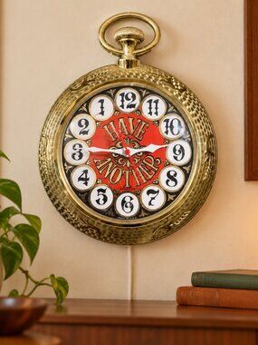 Vintage Spartus Have Another Backwards Wall Clock MCM Gold Pocket Watch Bar Deco